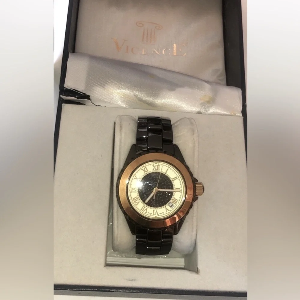 Solid Real 14K Gold Bezel 1.00CT Black Spinel Vicence Milor Italy Ceramic Watch